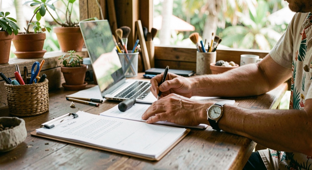 Hands and practical equipment in a Hawaiian small-business setting, natural daylight and a calm work surface, illustrating business website foundations for island markets without readable screens or logos