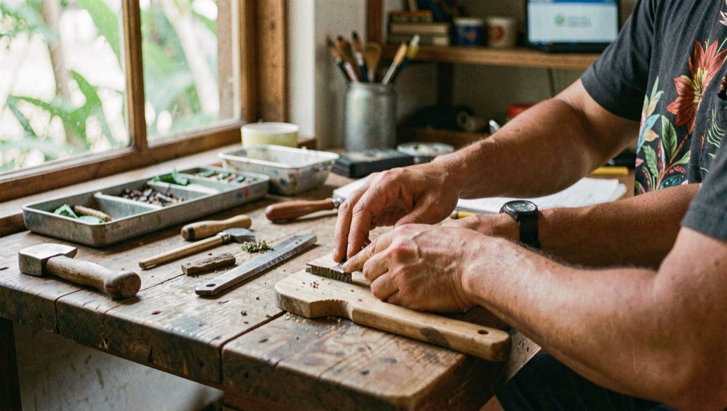 Hands and practical equipment in a Hawaiian small-business setting, natural daylight and a calm work surface, illustrating accessible content patterns for small teams without readable screens or logos