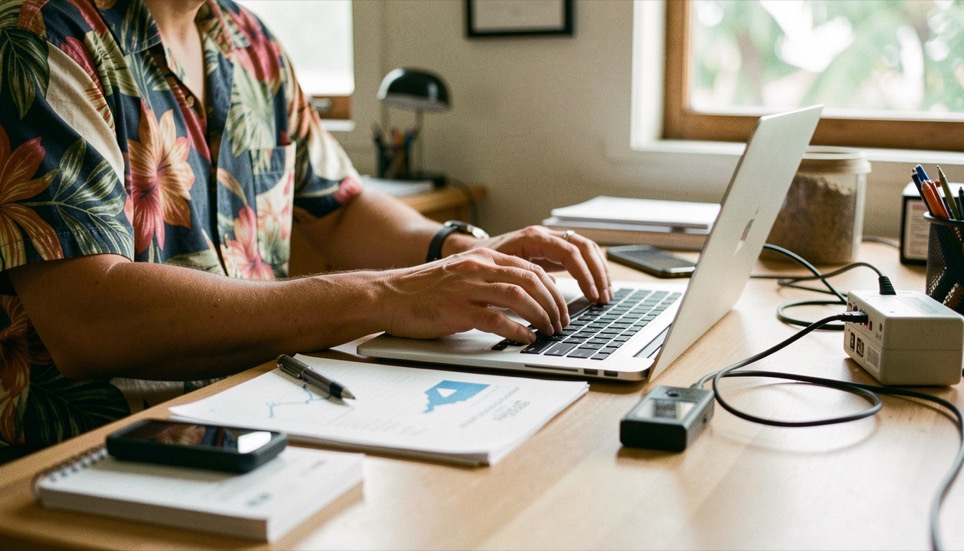 Hands and practical equipment in a Hawaiian small-business setting, natural daylight and a calm work surface, illustrating backup and recovery drills for a small web team without readable screens or logos