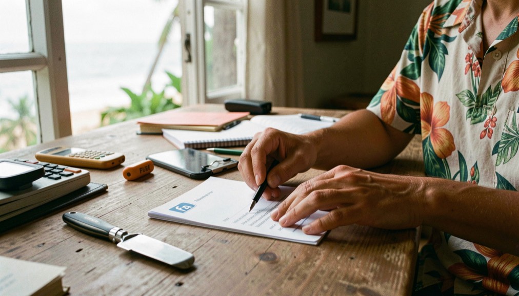 Hands and practical equipment in a Hawaiian small-business setting, natural daylight and a calm work surface, illustrating mfa and passwords without the usual confusion without readable screens or logos