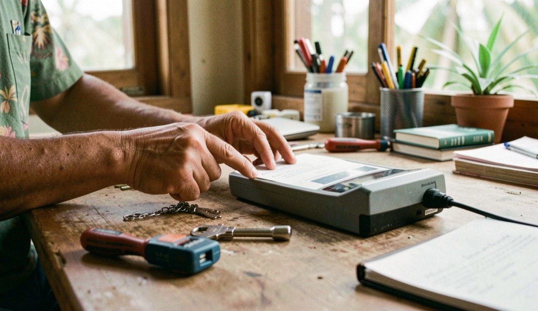 Hands and practical equipment in a Hawaiian small-business setting, natural daylight and a calm work surface, illustrating vendor security questions before a new tool without readable screens or logos
