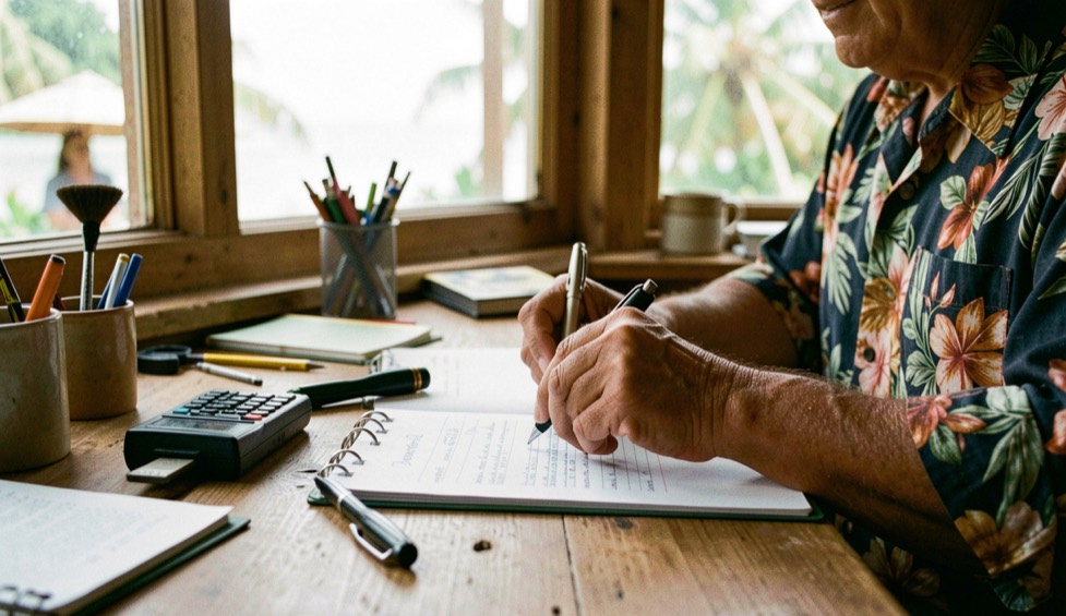 Hands and practical equipment in a Hawaiian small-business setting, natural daylight and a calm work surface, illustrating a review request process that sounds human without readable screens or logos