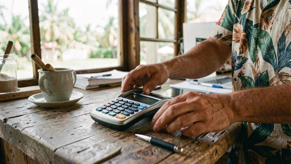 Hands and practical equipment in a Hawaiian small-business setting, natural daylight and a calm work surface, illustrating island-friendly checkout design without readable screens or logos