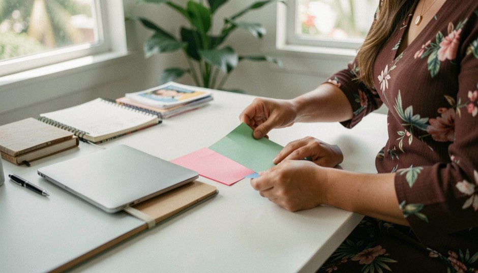 Hands arranging colored paper prototypes beside a closed laptop and notebook on a bright Honolulu studio desk